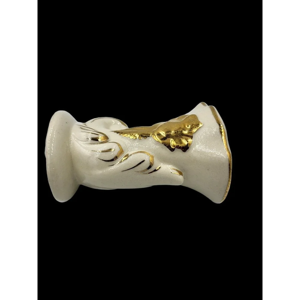 Vintage MCM Ceramic Pottery Cornucopia Vase White w/ Gold Leaf Rose Accents‎